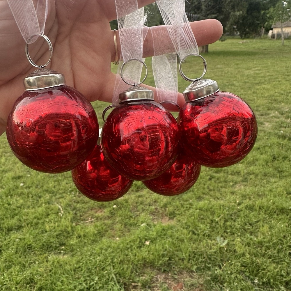 Lot 5 Mini Vintage Style Red Crackle Glass Ball Holiday Christmas Ornament Heavy